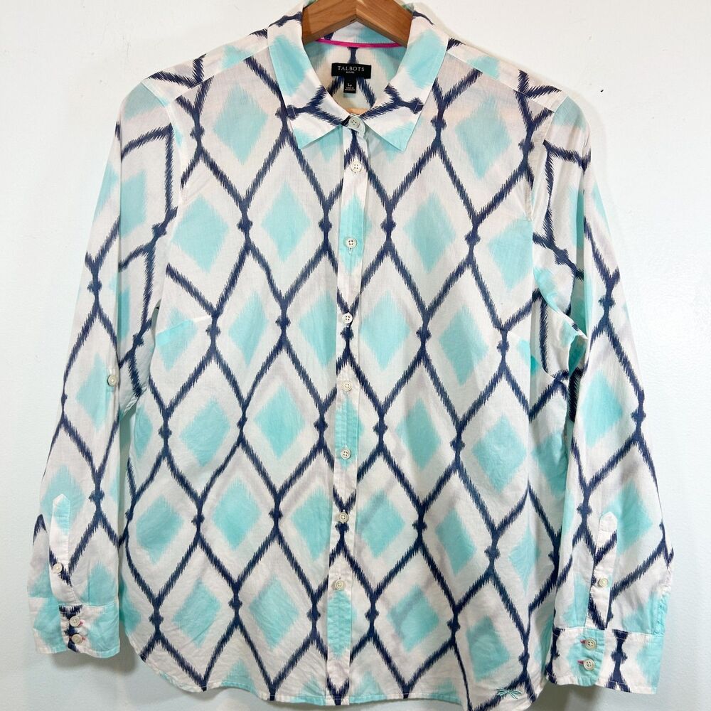 TALBOTS Preppy Coastal Aqua Navy Rope Trellis Button Up Shirt Cotton Size LP